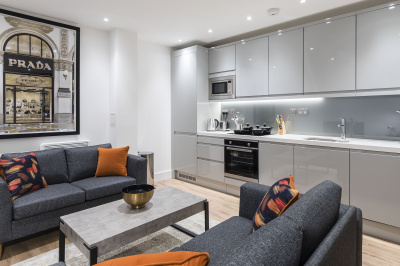 Open-plan kitchen and living area at Westgate House, ©Galliard Homes.