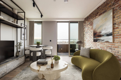 Living room of a studio apartment at The Stage, furniture superimposed for illustrative purposes only, ©Galliard Homes. Living room of a studio apartment at The Stage, furniture superimposed for illustrative purposes only, ©Galliard Homes.