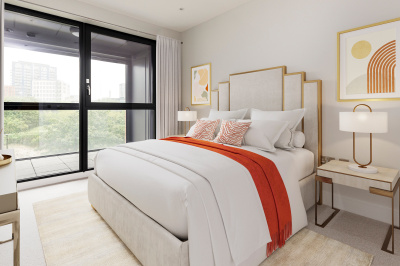 Bedroom at an Orchard Wharf apartment, computer generated image intended for illustrative purposes only, ©Galliard Homes. Bedroom at an Orchard Wharf apartment, computer generated image intended for illustrative purposes only, ©Galliard Homes.
