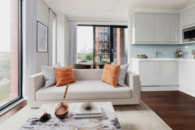 Open-plan kitchen, living and dining area at an Orchard Wharf apartment, computer generated image intended for illustrative purposes only, ©Galliard Homes. Open-plan kitchen, living and dining area at an Orchard Wharf apartment, computer generated image intended for illustrative purposes only, ©Galliard Homes.
