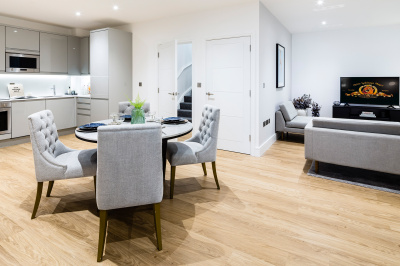 Open-plan kitchen, living and dining room at the Timber Yard show apartment, ©Galliard Homes. Open-plan kitchen, living and dining room at the Timber Yard show apartment, ©Galliard Homes.