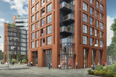 Orchard Wharf exterior and pedestrian walkway, computer generated image intended for illustrative purposes only, ©Galliard Homes. Orchard Wharf exterior and pedestrian walkway, computer generated image intended for illustrative purposes only, ©Galliard Homes.