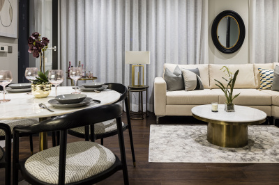 Open-plan kitchen, living and dining area at an Orchard Wharf apartment, ©Galliard Homes. Open-plan kitchen, living and dining area at an Orchard Wharf apartment, ©Galliard Homes.