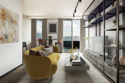 Living and dining room at Apartment 608 The Stage, furniture superimposed for illustrative purposes only, ©Galliard Homes. Living and dining room at Apartment 608 The Stage, furniture superimposed for illustrative purposes only, ©Galliard Homes.