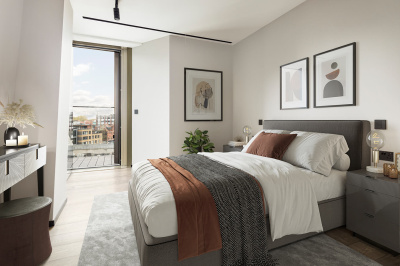 Bedroom and balcony at Apartment 608 The Stage, furniture superimposed for illustrative purposes only, ©Galliard Homes.