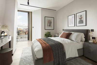 Bedroom and balcony at Apartment 608 The Stage, furniture superimposed for illustrative purposes only, ©Galliard Homes. Bedroom and balcony at Apartment 608 The Stage, furniture superimposed for illustrative purposes only, ©Galliard Homes.
