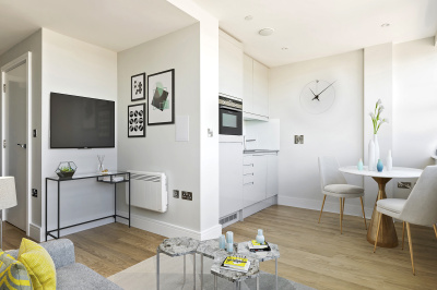 Open-plan kitchen, living and dining area at Rosebery House, computer generated image intended for illustrative purposes only, ©Galliard Homes. Open-plan kitchen, living and dining area at Rosebery House, computer generated image intended for illustrative purposes only, ©Galliard Homes.