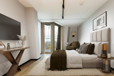 Principal bedroom at 1906 The Stage, furniture superimposed for illustrative purposes only, ©Galliard Homes.