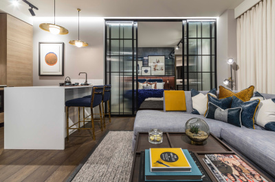 Open-plan kitchen, living and dining area at The Stage; image intended for illustrative purposes only, ©Galliard Homes. Open-plan kitchen, living and dining area at The Stage; image intended for illustrative purposes only, ©Galliard Homes.