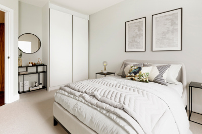 Bedroom at an Orchard Wharf apartment, computer generated image intended for illustrative purposes only, ©Galliard Homes. Bedroom at an Orchard Wharf apartment, computer generated image intended for illustrative purposes only, ©Galliard Homes.