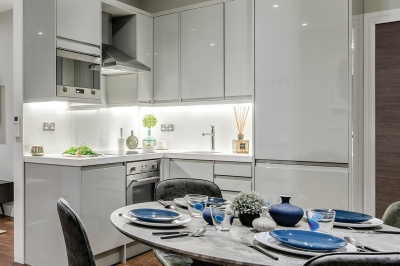 Kitchen area at Orchard Wharf, image intended for illustrative purposes only, ©Galliard Homes. Kitchen area at Orchard Wharf, image intended for illustrative purposes only, ©Galliard Homes.