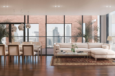 Living and dining room at Orchard Wharf, computer generated image intended for illustrative purposes only, ©Galliard Homes. Living and dining room at Orchard Wharf, computer generated image intended for illustrative purposes only, ©Galliard Homes.