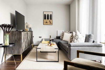 Living space at an Orchard Wharf Duplex Apartment, ©Galliard Homes.