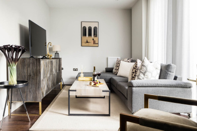 Living space at an Orchard Wharf Duplex Apartment, ©Galliard Homes. Living space at an Orchard Wharf Duplex Apartment, ©Galliard Homes.