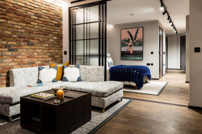 Open-plan living and bedroom areas at Apartment 1902 The Stage, ©Galliard Homes.