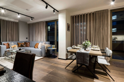 Open-plan kitchen, living and dining area at The Stage ©Galliard Homes. Open-plan kitchen, living and dining area at The Stage ©Galliard Homes.