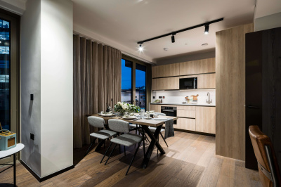Open-plan kitchen, living and dining area at The Stage ©Galliard Homes. Open-plan kitchen, living and dining area at The Stage ©Galliard Homes.