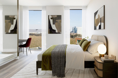Primary bedroom at Neptune Wharf ©Galliard Homes.