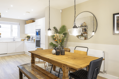 Open-plan kitchen, living and dining area at Brooks Dye Works, ©Acorn Property Group.