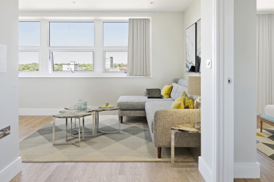 Living area at Rosebery House, computer generated image intended for illustrative purposes only, ©Galliard Homes. Living area at Rosebery House, computer generated image intended for illustrative purposes only, ©Galliard Homes.