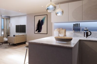 Kitchen and living area in a Trilogy apartment, computer generated image intended for illustrative purposes only ©Acorn Property Group. Kitchen and living area in a Trilogy apartment, computer generated image intended for illustrative purposes only ©Acorn Property Group.