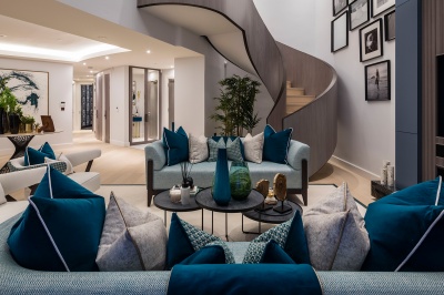 Penthouse living area and spiral staircase to the upper level, ©Galliard Homes. Penthouse living area and spiral staircase to the upper level, ©Galliard Homes.