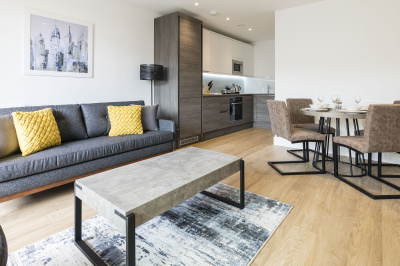 Open-plan kitchen, living and dining area in a Galliard Homes show apartment, ©Galliard Homes. Open-plan kitchen, living and dining area in a Galliard Homes show apartment, ©Galliard Homes.