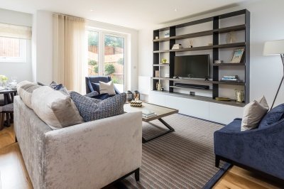 Living room at the Silver Works townhouse show home, ©Galliard Homes. Living room at the Silver Works townhouse show home, ©Galliard Homes.