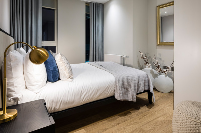 Bedroom at a Wimbledon Grounds apartment, ©Galliard Homes. Bedroom at a Wimbledon Grounds apartment, ©Galliard Homes.