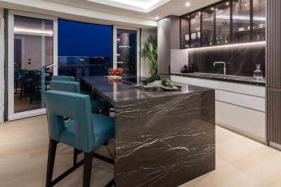 Penthouse kitchen area with access to the private terrace, ©Galliard Homes. Penthouse kitchen area with access to the private terrace, ©Galliard Homes.