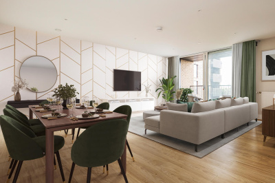 Living and dining area at a Wimbledon Grounds apartment, computer generated image intended for illustrative use only, ©Galliard Homes.