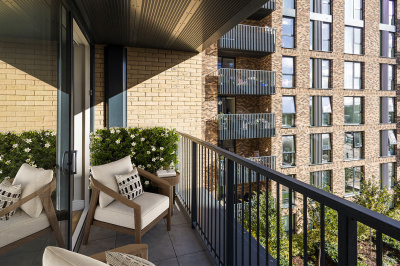 Balcony at a Wimbledon Grounds apartment, computer generated image intended for illustrative use only, ©Galliard Homes.