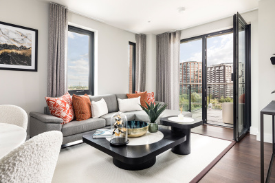 Open-plan kitchen, living and dining area at an Orchard Wharf apartment, ©Galliard Homes.