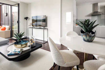 Open-plan kitchen, living and dining area at an Orchard Wharf apartment, ©Galliard Homes.