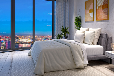 Bedroom at an Arena Tower duplex apartment, computer generated image for illustrative use only, ©Galliard Homes. Bedroom at an Arena Tower duplex apartment, computer generated image for illustrative use only, ©Galliard Homes.