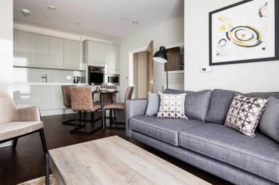 Open-plan kitchen, living and dining area at an Orchard Wharf apartment, ©Galliard Homes.
Open-plan kitchen, living and dining area at an Orchard Wharf apartment, ©Galliard Homes.