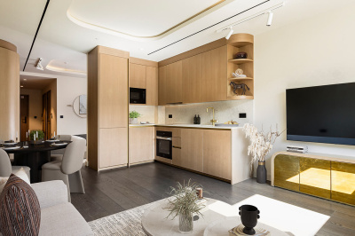Open-plan kitchen, living and dining area at a TCRW SOHO studio apartment, computer generated image intended for illustrative use only, ©Galliard Homes
