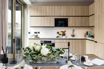 Kitchen at a two-bedroom apartment at The Stage, ©Galliard Homes. Kitchen at a two-bedroom apartment at The Stage, ©Galliard Homes.