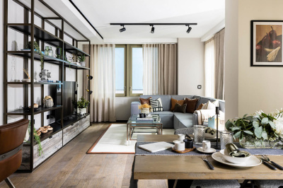 Open-plan living and dining room at a two-bedroom apartment at The Stage, ©Galliard Homes.