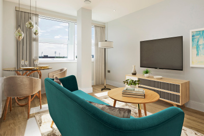 Living area at 509 Rosebery House, computer generated image intended for illustrative purposes only, ©Galliard Homes. Living area at 509 Rosebery House, computer generated image intended for illustrative purposes only, ©Galliard Homes.