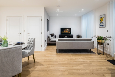 Open-plan kitchen, living and dining room at the Timber Yard show apartment, ©Galliard Homes. Open-plan kitchen, living and dining room at the Timber Yard show apartment, ©Galliard Homes.