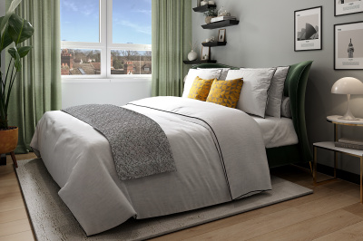 Bedroom area in a Newacre House apartment, computer generated image intended for illustrative use only, ©Galliard Homes. Bedroom area in a Newacre House apartment, computer generated image intended for illustrative use only, ©Galliard Homes.