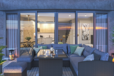 Private terrace at an Arena Tower duplex apartment, computer generated image for illustrative use only, ©Galliard Homes. Private terrace at an Arena Tower duplex apartment, computer generated image for illustrative use only, ©Galliard Homes.