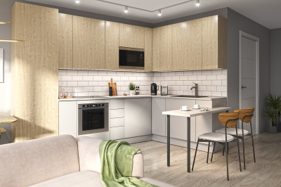 Kitchen area at an Arena Tower duplex apartment, computer generated image for illustrative use only, ©Galliard Homes.