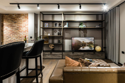 Open-plan living room of a one-bedroom apartment at The Stage, ©Galliard Homes.