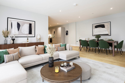 Living and dining area at a Wimbledon Grounds apartment, computer generated image intended for illustrative use only, ©Galliard Homes.