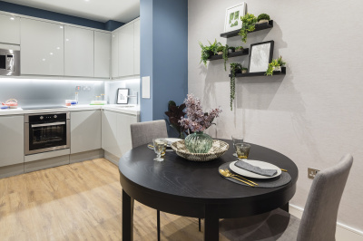Open-plan kitchen, living and dining area at Westgate House, ©Galliard Homes