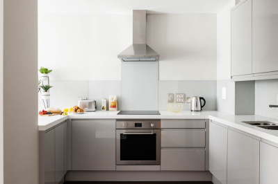 Kitchen at an Orchard Wharf Duplex Apartment, ©Galliard Homes. Kitchen at an Orchard Wharf Duplex Apartment, ©Galliard Homes.