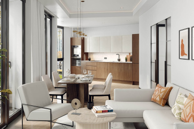 Open-plan living at an Arena Quayside duplex apartment, computer generated image for illustrative use only, ©Galliard Homes.
