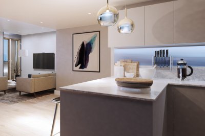 Kitchen and living area in a Trilogy apartment, computer generated image intended for illustrative purposes only ©Acorn Property Group. Kitchen and living area in a Trilogy apartment, computer generated image intended for illustrative purposes only ©Acorn Property Group.